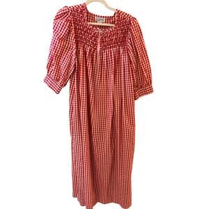 Vintage Red Gingham Prairie Dress | Smocked Cottagecore Housedress